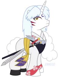 Size: 3045x4000 | Tagged: safe, artist:jennieoo, derpibooru import, ponified, demon, demon pony, pony, unicorn, anime, clothes, crossover, inuyasha, male, sesshoumaru, simple background, solo, stallion, sword, transparent background, weapon