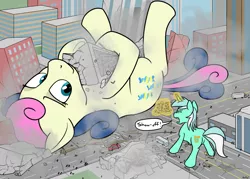 Size: 1517x1087 | Tagged: semi-grimdark, artist:rapidstrike, derpibooru import, bon bon, lyra heartstrings, sweetie drops, earth pony, pony, unicorn, adorabon, big bon, building, city, cute, death, destruction, eyes closed, female, giant pony, implied death, jealous, levitation, lidded eyes, loss (meme), lyra is not amused, macro, magic, mare, on back, open mouth, showing off, size difference, smiling, speech bubble, telekinesis, unamused, yelling