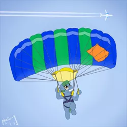 Size: 1500x1500 | Tagged: safe, artist:phallen1, derpibooru import, oc, oc:software patch, unofficial characters only, pony, aircraft, contrail, gritted teeth, parachute, plane, sky, skydiving, solo