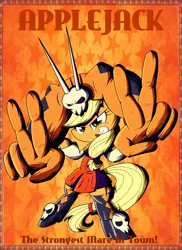 Size: 1606x2202 | Tagged: safe, artist:therandomjoyrider, derpibooru import, applejack, earth pony, pony, abstract background, bipedal, cerebella, clothes, crossover, female, mare, skullgirls, solo, vice-versa