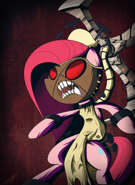 Size: 1606x2202 | Tagged: safe, artist:therandomjoyrider, derpibooru import, pinkie pie, pony, abstract background, bipedal, crossover, female, mare, open mouth, painwheel, pinkamena diane pie, sharp teeth, skullgirls, solo, teeth