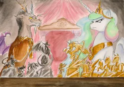 Size: 3479x2453 | Tagged: safe, artist:souleatersaku90, derpibooru import, discord, princess celestia, alicorn, draconequus, pony, fanfic, chess, duo, fanfic art, female, glare, male, mare, smiling, smirk, the simple life, traditional art, watercolor painting