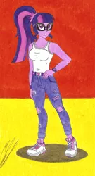 Size: 3567x6629 | Tagged: safe, artist:metaldudepl666, derpibooru import, sci-twi, twilight sparkle, equestria girls, absurd resolution, alternate costumes, breasts, clothes, female, fetish, jeans, pants, ripped jeans, shoes, sleeveless, sneakers, sneakers fetish, solo, tanktop, traditional art