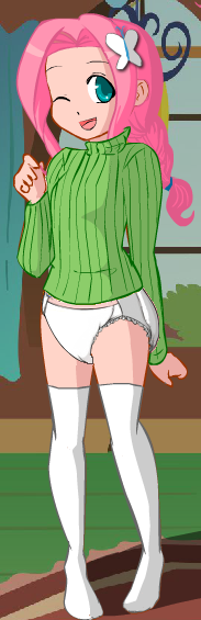 Size: 183x565 | Tagged: artist:wolf, braid, clothes, derpibooru import, diaper, diaper fetish, diapershy, fetish, fluttershy, human, humanized, magical friends, questionable, stockings, sweater, sweatershy, thigh highs