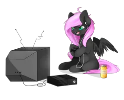 Size: 1024x822 | Tagged: safe, artist:itsizzybel, derpibooru import, oc, oc:cream cloud, unofficial characters only, pegasus, pony, controller, earbuds, female, joystick, mare, simple background, soda, solo, television, transparent background, video game