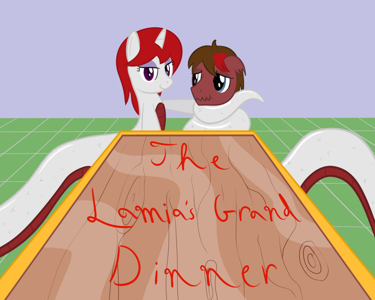 Size: 1000x800 | Tagged: artist:mightyshockwave, coiling, coils, derpibooru import, dinner table, fanfic:the lamia's grand dinner, lamia, oc, oc:boltblood thundercloud, oc:ruby scales, original species, safe, snake pony, table, unofficial characters only