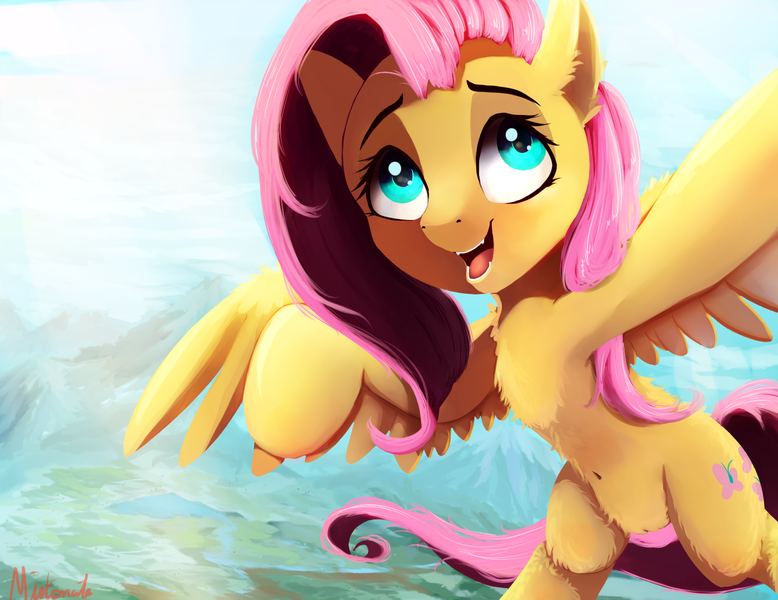 Size: 1400x1080 | Tagged: safe, artist:miokomata, derpibooru import, fluttershy, pegasus, pony, cute, fangs, female, mare, selfie, shyabetes, solo