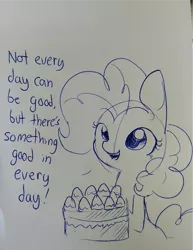 Size: 999x1297 | Tagged: safe, artist:tjpones, derpibooru import, pinkie pie, pony, cake, dialogue, food, lineart, motivational, proverb, sketch, solo, traditional art, truth