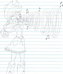 Size: 1321x1547 | Tagged: safe, artist:haleyc4629, derpibooru import, applejack, equestria girls, echo, lined paper, monochrome, powerful yodel, sketch, solo, soundwave, sustainability, traditional art, vibrating, yodeling