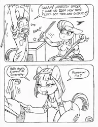 Size: 849x1100 | Tagged: anthro, artist:circe, black and white, blue nile, bondage, breasts, butt touch, comic, comic:soreloser, derpibooru import, grayscale, groucho marx, hand on butt, imminent spanking, monochrome, octavia melody, rarity, suggestive, traditional art