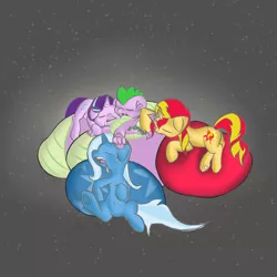 Size: 1600x1600 | Tagged: safe, artist:techgear, derpibooru import, spike, starlight glimmer, sunset shimmer, trixie, dragon, pony, unicorn, beanbag chair, bisexual, cuddling, female, lesbian, male, mare, misleading thumbnail, polyamory, shipping, sleeping, sparlight, sparlixie, spike gets all the mares, spixie, straight, sunsetspike