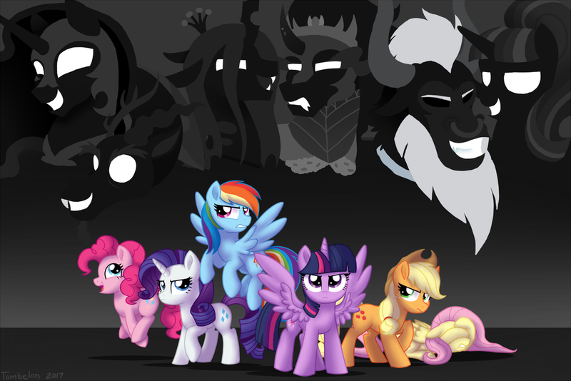 Size: 1024x683 | Tagged: safe, artist:tambelon, derpibooru import, applejack, discord, fluttershy, king sombra, lord tirek, nightmare moon, pinkie pie, queen chrysalis, rainbow dash, rarity, starlight glimmer, twilight sparkle, twilight sparkle (alicorn), alicorn, changeling, draconequus, earth pony, pegasus, pony, unicorn, antagonists six, cowboy hat, female, hat, male, mane six, mare, monochrome, silhouette, simple background, stallion