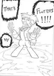Size: 1700x2399 | Tagged: safe, artist:jmkplover, derpibooru import, ponified, pony, angry, badass, bipedal, bone spike projection, clothes, crossover, dog tags, fangs, furious, jacket, monochrome, screaming, solo, traditional art, wolverine, x-men, yelling