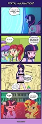 Size: 450x1327 | Tagged: suggestive, artist:lumineko, derpibooru import, indigo wreath, rose heart, spike, sunset shimmer, tennis match, twilight sparkle, twilight sparkle (alicorn), wiz kid, alicorn, dog, pony, unicorn, equestria girls, 4koma, ashamed, blushing, breasts, care root, casual nudity, censor bar, censored, clothed female nude female, clothed male nude female, comic, exhibitionism, female, nudity, portal, practitioner of naturism, public nudity, saddle bag, show accurate clothing, spike the dog, we don't normally wear clothes