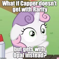 Size: 500x500 | Tagged: safe, derpibooru import, edit, edited screencap, screencap, capper dapperpaws, opalescence, rarity, sweetie belle, pony, my little pony: the movie, ponyville confidential, capperity, cropped, exploitable meme, image macro, meme, solo, sudden clarity sweetie belle