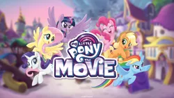 Size: 2560x1440 | Tagged: alicorn, applejack, canterlot, derpibooru import, fluttershy, mane six, my little pony logo, my little pony: the movie, pinkie pie, rainbow dash, rarity, safe, twilight sparkle, twilight sparkle (alicorn), wallpaper