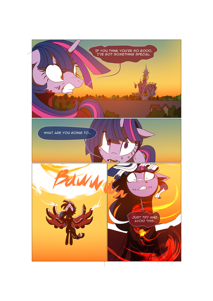 Size: 3541x5016 | Tagged: safe, artist:gashiboka, derpibooru import, twilight sparkle, twilight sparkle (alicorn), oc, oc:brotonia, alicorn, pony, comic:recall the time of no return, absurd resolution, comic, fake twilight, fight, twilight's castle, zygon