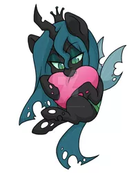 Size: 1024x1298 | Tagged: artist:twisted-sketch, biting, bronycon, changeling, changeling queen, chibi, cute, cutealis, derpibooru import, deviantart watermark, digital art, female, heart, nom, nymph, obtrusive watermark, queen chrysalis, safe, simple background, solo, sticker, watermark, white background