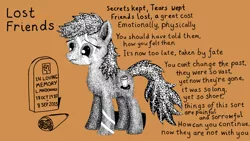 Size: 1280x720 | Tagged: safe, artist:darkpilcrow, derpibooru import, oc, oc:doppio, unofficial characters only, earth pony, pony, female, gravestone, mare, poem, poetry, sad, solo