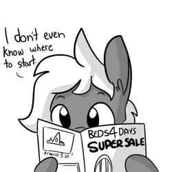 Size: 540x540 | Tagged: safe, artist:tjpones, derpibooru import, oc, oc:treasure trotonopolis, unofficial characters only, earth pony, pony, horse wife, catalogue, comic, dialogue, ear fluff, grayscale, hoof hold, male, monochrome, reading, simple background, single panel, solo, stallion, white background