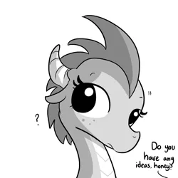 Size: 1280x1280 | Tagged: safe, artist:tjpones, derpibooru import, oc, oc:dragon wife, unofficial characters only, dragon, horse wife, bust, dialogue, dragoness, female, grayscale, horn, looking back, monochrome, offscreen character, portrait, question mark, simple background, single panel, solo, white background