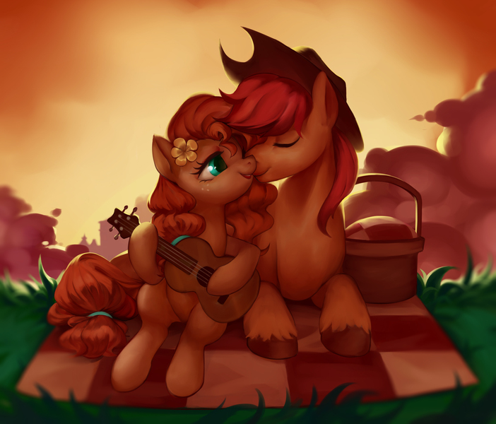 Size: 2400x2050 | Tagged: safe, artist:luciferamon, derpibooru import, bright mac, pear butter, earth pony, pony, the perfect pear, acoustic guitar, brightbutter, cowboy hat, female, freckles, guitar, hat, husband and wife, male, mare, picnic, picnic blanket, shipping, stallion, stetson, straight