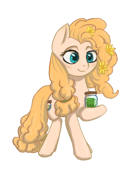 Size: 1784x2269 | Tagged: safe, artist:kovoranu, derpibooru import, pear butter, earth pony, pony, the perfect pear, female, flower, flower in hair, hoof hold, mare, simple background, smiling, solo, transparent background