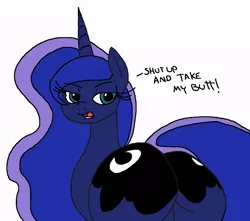 Size: 822x726 | Tagged: suggestive, artist:boman100, artist:zev, derpibooru import, princess luna, pony, annoyed, bedroom eyes, dialogue, dock, featureless crotch, female, frown, glare, impatient, kiss my ass, lidded eyes, looking at you, looking back, moonbutt, open mouth, plot, presenting, raised tail, shut up and take my money, solo, solo female, tail, unamused