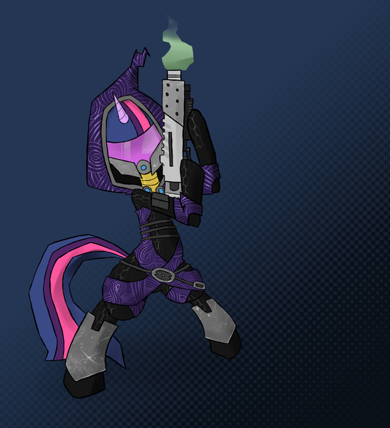 Size: 1757x1928 | Tagged: safe, artist:juanrock, derpibooru import, twilight sparkle, ponified, alien, pony, quarian, unicorn, bipedal, blue background, crossover, female, gradient background, gun, hoof hold, mare, mask, mass effect, shotgun, simple background, solo, tali'zorah vas normandy, weapon