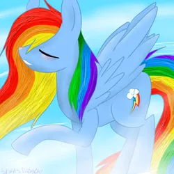 Size: 2000x2000 | Tagged: safe, artist:neko-apocalypse, derpibooru import, rainbow dash, pegasus, pony, alternate hairstyle, backwards cutie mark, eyes closed, female, long mane, mare, raised hoof, sky, smiling, solo, spread wings, windswept mane, wings