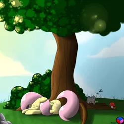 Size: 1024x1024 | Tagged: safe, artist:genericmlp, derpibooru import, fluttershy, pony, rabbit, eyes closed, folded wings, mushroom, prone, sleeping, solo, tree, under the tree, zzz