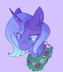 Size: 2457x2808 | Tagged: safe, artist:yomitai, derpibooru import, princess luna, alicorn, pony, friendship is magic, blushing, bust, cute, flower, flower necklace, high res, lunabetes, portrait, rose, s1 luna, simple background, solo, wreath