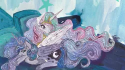 Size: 4800x2700 | Tagged: safe, artist:cityofdreams, derpibooru import, princess celestia, princess luna, alicorn, pony, absurd resolution, bed, colored pupils, duo