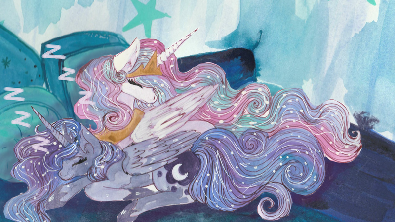 Size: 4800x2700 | Tagged: safe, artist:cityofdreams, derpibooru import, princess celestia, princess luna, alicorn, pony, absurd resolution, bed, colored pupils, duo, female, mare, sleeping, zzz