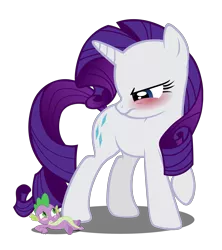 Size: 2185x2463 | Tagged: safe, artist:alexbroanimator, derpibooru import, rarity, spike, dragon, pony, unicorn, angry, blushing, female, giant pony, macro, male, mare, simple background, size difference, smaller male, transparent background