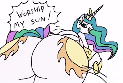 Size: 589x400 | Tagged: suggestive, artist:boman100, artist:mickeymonster, derpibooru import, princess celestia, alicorn, pony, ass worship, bedroom eyes, both cutie marks, dialogue, female, huge butt, impossibly large butt, kiss my ass, large butt, looking at you, looking back, monochrome, open mouth, plot, praise the sun, raised hoof, raised tail, rear view, simple background, smiling, solo, solo female, sunbutt, tail, the ass was fat, white background