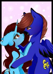 Size: 1586x2208 | Tagged: safe, artist:bambudess, derpibooru import, oc, oc:dess, oc:ssed, unofficial characters only, pegasus, pony, unicorn, blue, blushing, brown eyes, brown mane, digital art, female, male, mare, shipping, stallion