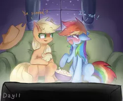 Size: 1400x1150 | Tagged: safe, artist:irenla, derpibooru import, applejack, rainbow dash, earth pony, pegasus, pony, appledash, blushing, couch, cowboy hat, cute, dashabetes, dialogue, duo, duo female, female, food, hat, jackabetes, lesbian, looking at each other, mare, movie night, night, popcorn, scared, shipping, sitting, smiling, stetson, teary eyes, television