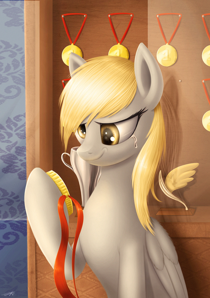 Size: 1240x1754 | Tagged: dead source, safe, artist:jeki, derpibooru import, derpy hooves, pegasus, pony, bittersweet, crying, female, gold medal, mare, medal, smiling, solo, trophy