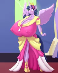 Size: 2400x3000 | Tagged: alicorn, anthro, artist:hyperstorm_h, artist:marauder6272, ascension enhancement, big breasts, blushing, breasts, busty twilight sparkle, cleavage, clothes, colored, color edit, coronation dress, cute, derpibooru import, dress, edit, erect nipples, female, huge breasts, impossibly large breasts, nipple outline, solo, solo female, suggestive, twilight's castle, twilight sparkle, twilight sparkle (alicorn), unguligrade anthro