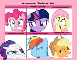 Size: 1019x785 | Tagged: safe, derpibooru import, applejack, fluttershy, pinkie pie, rainbow dash, rarity, twilight sparkle, pony, the perfect pear, 6 pony meme, applejack cries on the inside, crying, crying inside, exploitable meme, floppy ears, grin, makeup, meme, running makeup, sad, smiling