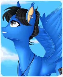 Size: 1050x1280 | Tagged: safe, artist:clefficia, derpibooru import, oc, oc:sonica, unofficial characters only, pegasus, pony, art trade, bust, cloud, ear piercing, female, mare, piercing, portrait, sky, smiling, solo