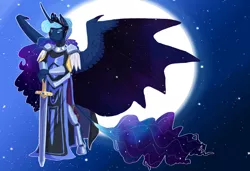 Size: 1280x876 | Tagged: alicorn, anthro, armor, artist:earthsong9405, clothes, cloven hooves, derpibooru import, ethereal mane, female, full moon, hybrid wings, leonine tail, mare, moon, princess luna, safe, solo, starry backdrop, starry mane, starry wings, sword, unguligrade anthro, warrior luna, weapon, wing claws