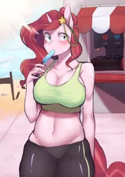 Size: 2480x3508 | Tagged: suggestive, artist:ms-xana, artist:yasuyaru, derpibooru import, oc, oc:neophyte, unofficial characters only, anthro, unicorn, adorasexy, anthro oc, beach, big breasts, blushing, breasts, cleavage, clothes, cute, female, food, high res, mare, pants, popsicle, sexy, solo, solo female, sports bra, sweatpants