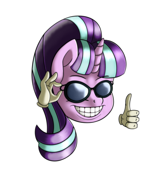 Size: 1447x1549 | Tagged: safe, artist:anonbelle, derpibooru import, starlight glimmer, pony, unicorn, disembodied hand, exploitable meme, glasses, grin, hand, laughing, meme, memegenerator, picardia ball, s5 starlight, simple background, smiling, solo, sunglasses, thumbs up, transparent background