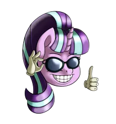 Size: 1447x1549 | Tagged: safe, artist:anonbelle, derpibooru import, starlight glimmer, pony, unicorn, disembodied hand, exploitable meme, glasses, grin, hand, laughing, meme, memegenerator, picardia ball, s5 starlight, simple background, smiling, solo, sunglasses, thumbs up, transparent background