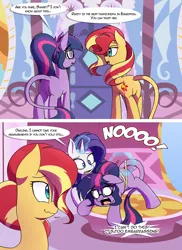 Size: 1280x1754 | Tagged: safe, artist:jase1505, deleted from derpibooru, derpibooru import, rarity, sci-twi, sunset shimmer, twilight sparkle, ponified, classical unicorn, pony, unicorn, comic:night at the gala, series:sunlight horizons, blushing, comic, cute, equestria girls ponified, female, glasses, leonine tail, lesbian, looking at each other, magic, measuring tape, panic, panicking, scitwishimmer, scrunchy face, shipping, sunsetsparkle, telekinesis, twiabetes, unicorn sci-twi, unshorn fetlocks, white eyes