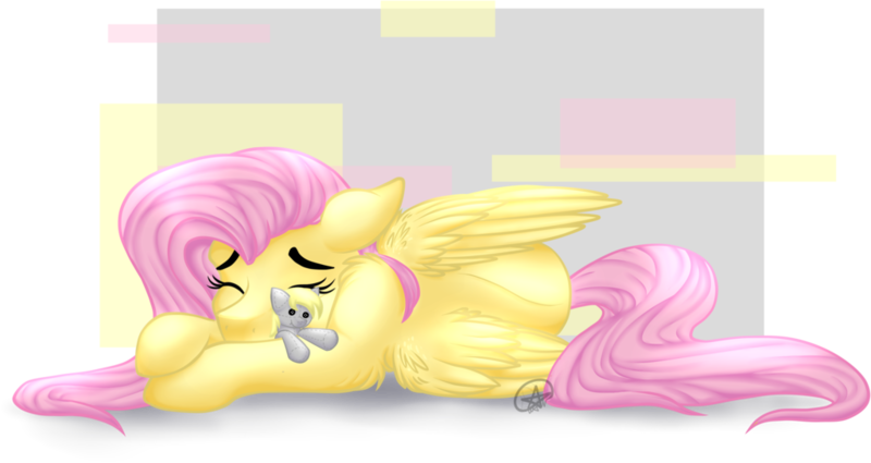 Size: 1024x544 | Tagged: safe, artist:seeyoumonday, derpibooru import, derpy hooves, fluttershy, pegasus, pony, abstract background, eyes closed, female, floppy ears, mare, plushie, pony holding plushie, prone, sleeping, solo