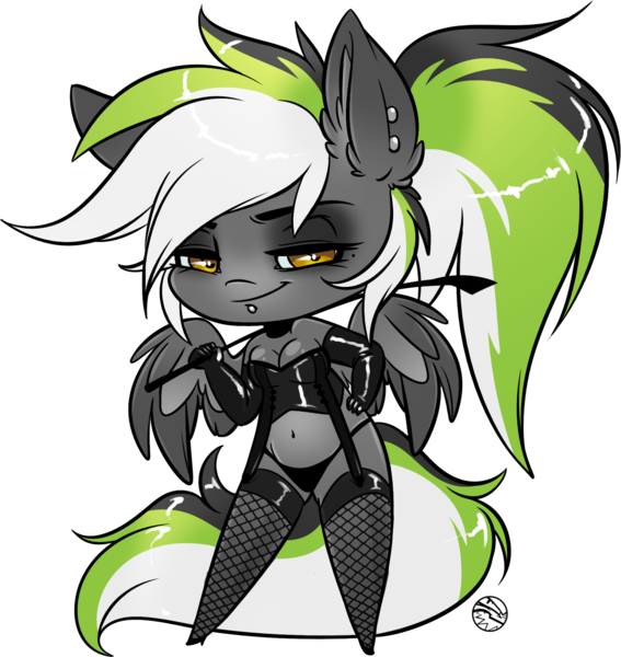 Size: 1715x1814 | Tagged: anthro, artist:kez, cane, chibi, derpibooru import, dominatrix, female, fishnets, latex, oc, oc:graphite sketch, pegasus, piercing, ponytail, safe, solo, unofficial characters only