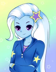 Size: 827x1055 | Tagged: safe, artist:electricshine, derpibooru import, trixie, equestria girls, bust, clothes, colored pupils, crossed arms, female, gradient background, hoodie, portrait, smiling, smirk, solo